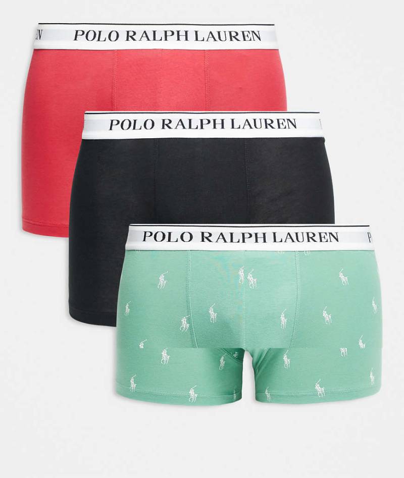 Polo Ralph Lauren - 3er-Pack schlichte Unterhosen in Hellgrün mit durchgehendem Print/Rot/Schwarz mit Logo-Bund in Weiß-Bunt von Polo Ralph Lauren