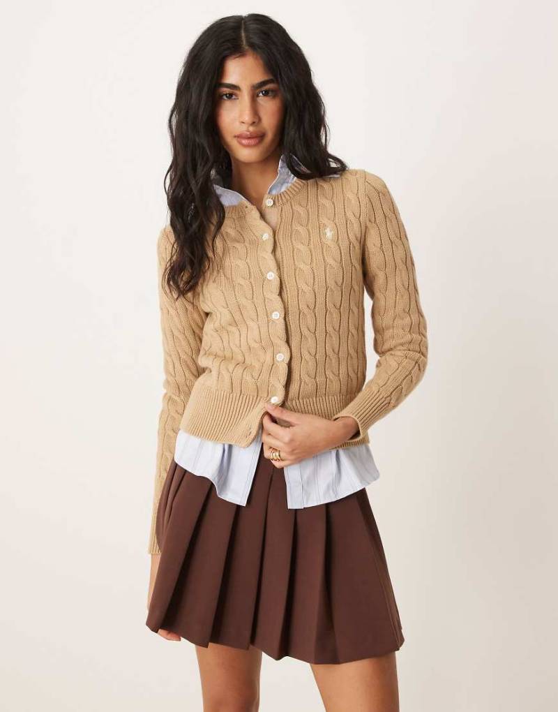 Polo Ralph Lauren - Baumwoll-Strickjacke in Vintage-Khaki mit Markenlogo und Zopfmuster-Grün von Polo Ralph Lauren