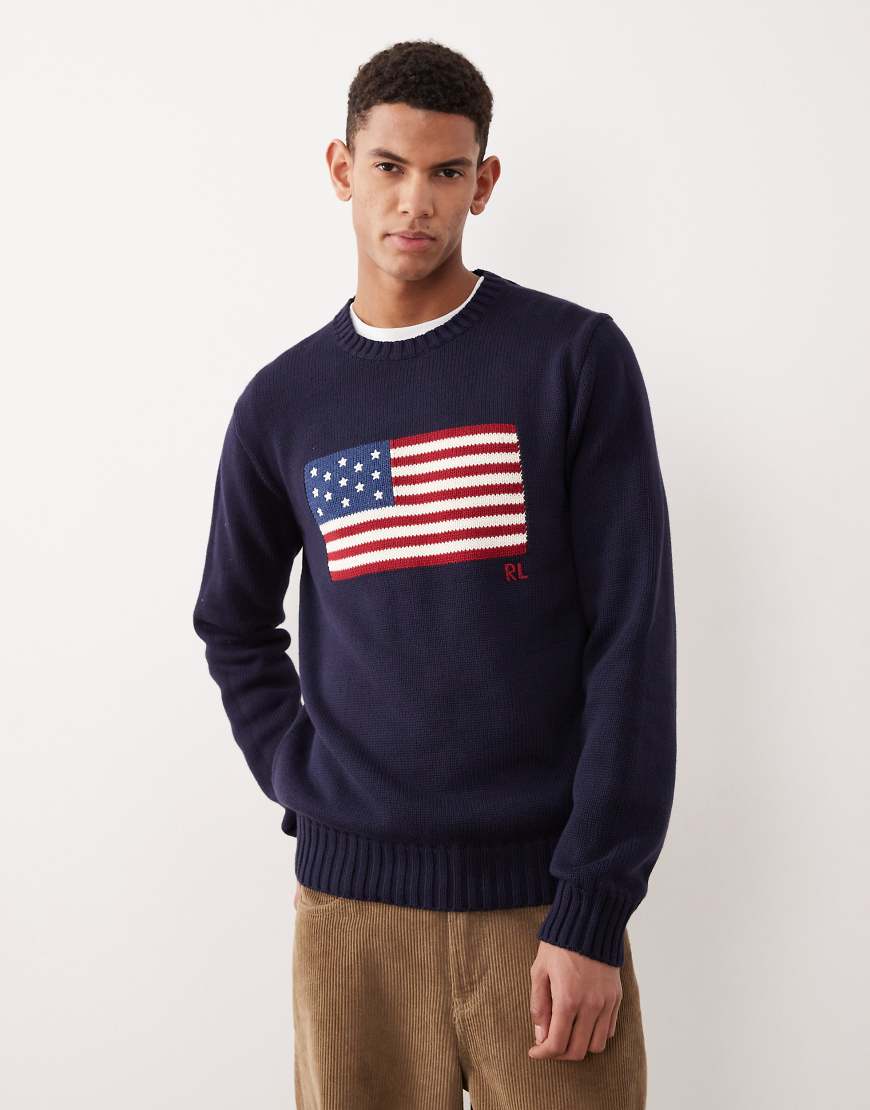 Polo Ralph Lauren - Baumwoll-Strickpullover in Marineblau mit großer Flagge und Zopfmuster von Polo Ralph Lauren