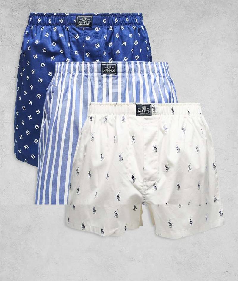 Polo Ralph Lauren - Boxershorts in Blau gestreift/Marineblau mit Print/Weiß mit durchgehendem Pony, 3er-Set-Bunt von Polo Ralph Lauren