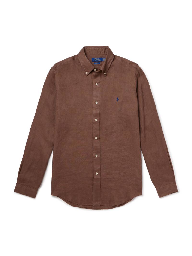 Polo Ralph Lauren - Button-Down Collar Logo-Embroidered Linen Shirt - Men - Brown - M von Polo Ralph Lauren