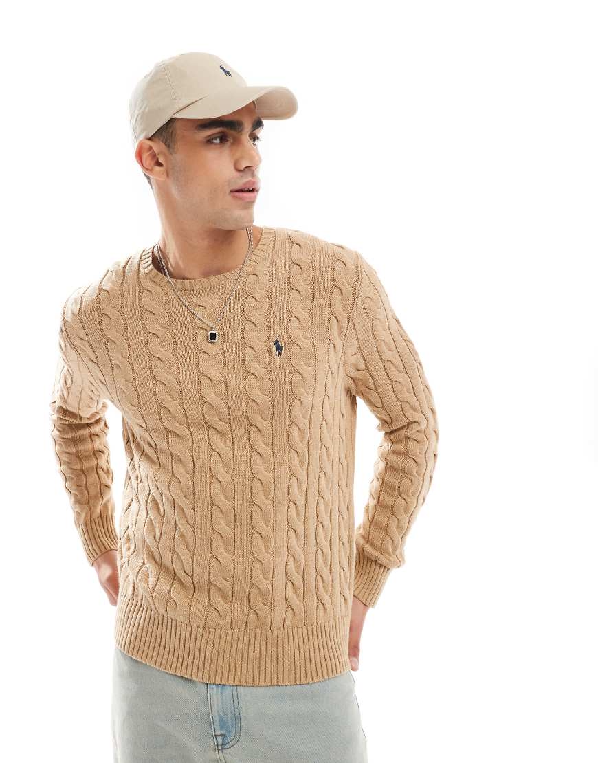 Polo Ralph Lauren - Driver - Strickpullover aus Vlies-Baumwolle in meliertem Kamelbeige mit Zopfmuster und Markenlogo-Neutral von Polo Ralph Lauren