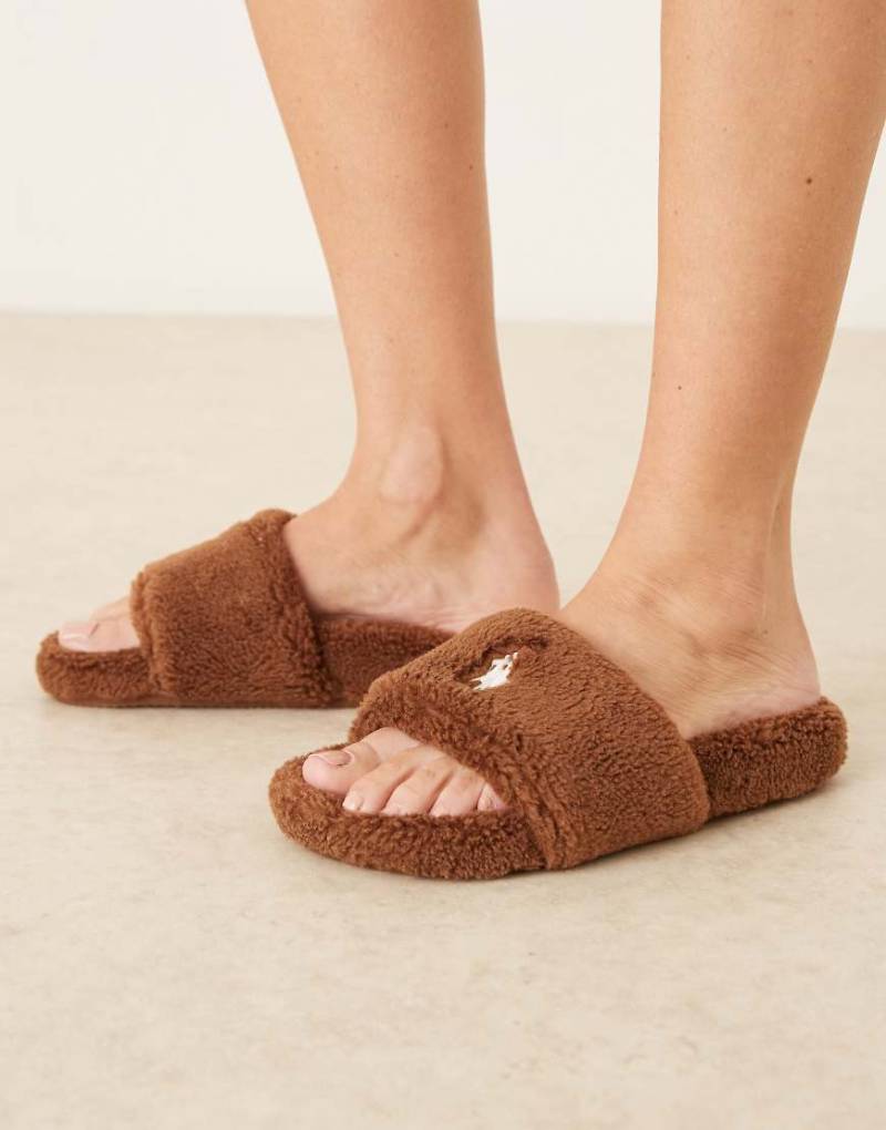 Polo Ralph Lauren - Elenore - Flache Pantoffeln in Hellbraun mit Polo-Logo-Brown von Polo Ralph Lauren