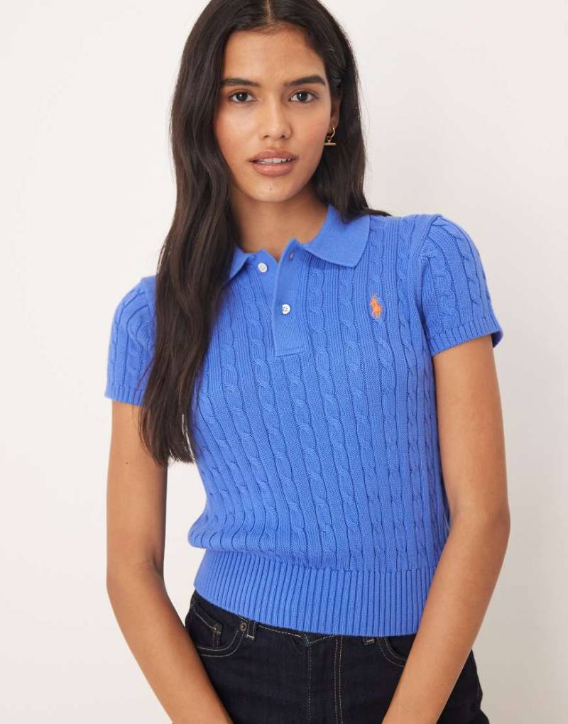 Polo Ralph Lauren - Kurzärmliger Cropped-Strickpullover in Blau mit Zopfmuster von Polo Ralph Lauren