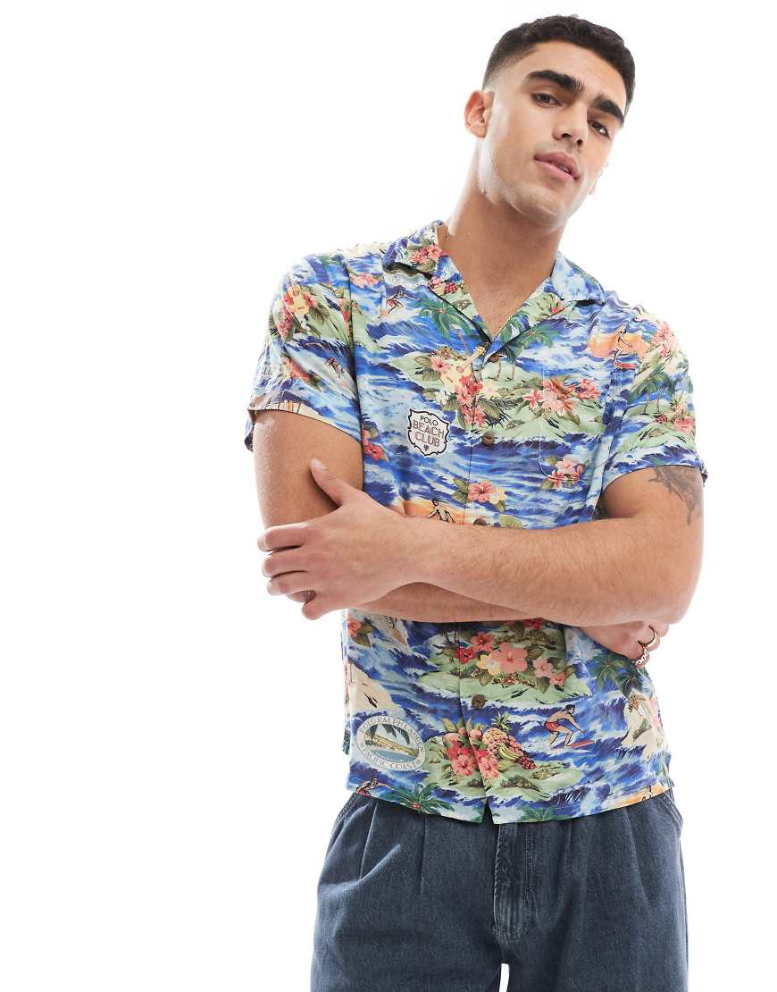 Polo Ralph Lauren - Kurzärmliges, mehrfarbiges Hemd aus Rayon mit Reverskragen, klassischer Passform und Surf-Landschaftsprint-Bunt von Polo Ralph Lauren