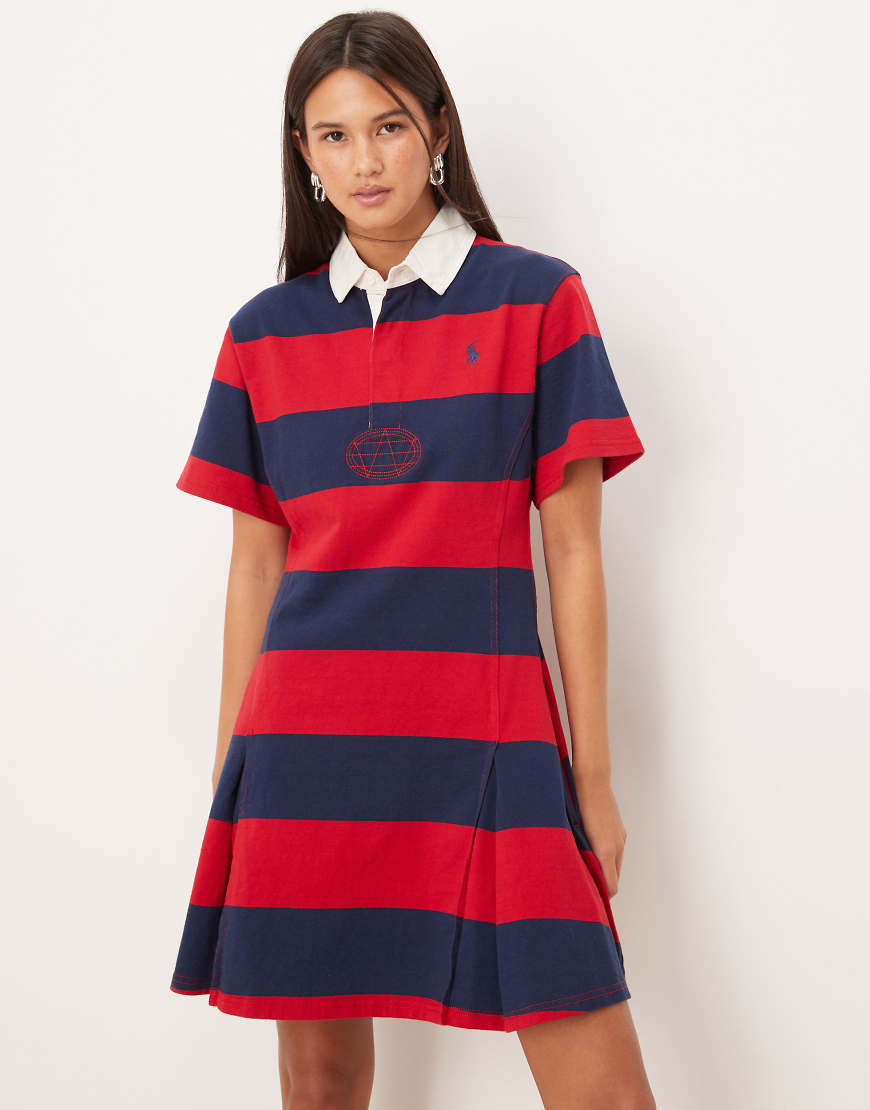 Polo Ralph Lauren - Kurzärmliges Kleid mit Kragen und Streifen in Rot und Marineblau von Polo Ralph Lauren