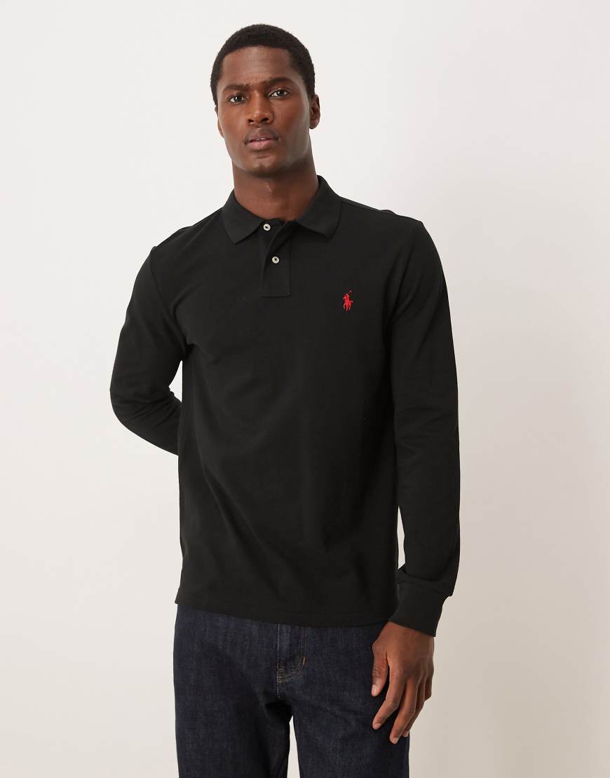 Polo Ralph Lauren - Langärmliges Custom-Fit-Polohemd aus Pikee in Schwarz mit Markenlogo von Polo Ralph Lauren
