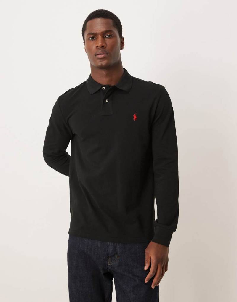 Polo Ralph Lauren - Langärmliges Custom-Fit-Polohemd aus Pikee in Schwarz mit Markenlogo von Polo Ralph Lauren