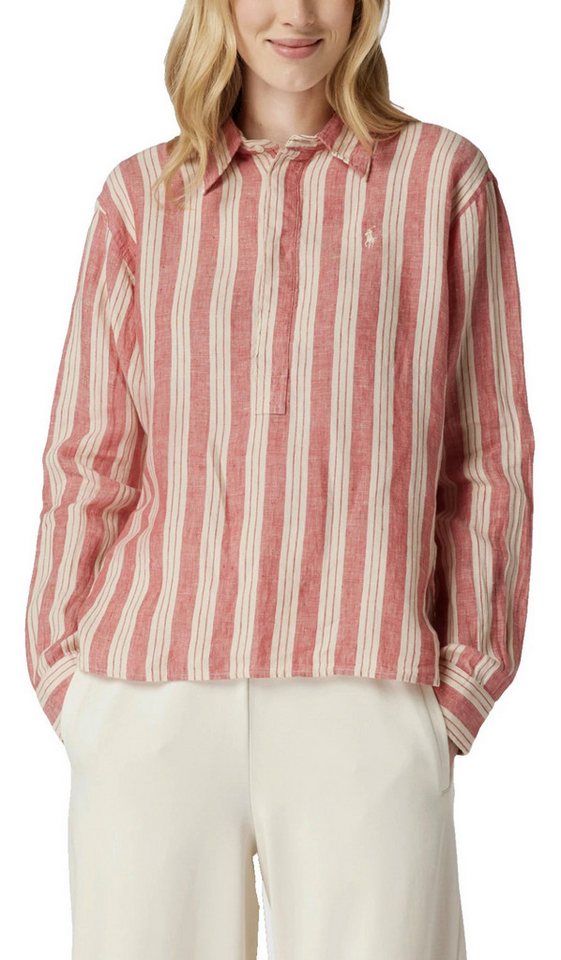 Polo Ralph Lauren Leinenhemd Damen Vokuhila-Hemd Bluse Oversize in Antikrosa Kentkragen, verdeckte Knopfleiste,Streifenmuster,Pony-Stickerei von Polo Ralph Lauren