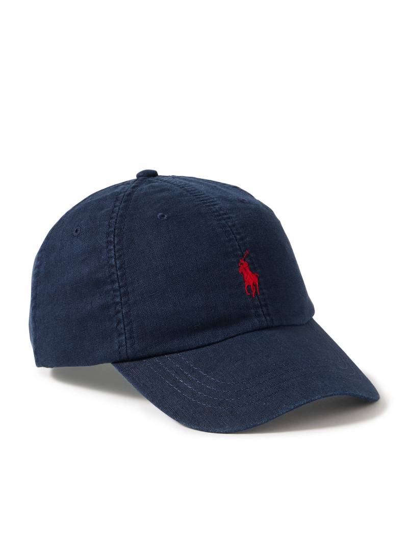 Polo Ralph Lauren - Leather-Trimmed Logo-Embroidered Linen Baseball Cap - Men - Blue von Polo Ralph Lauren