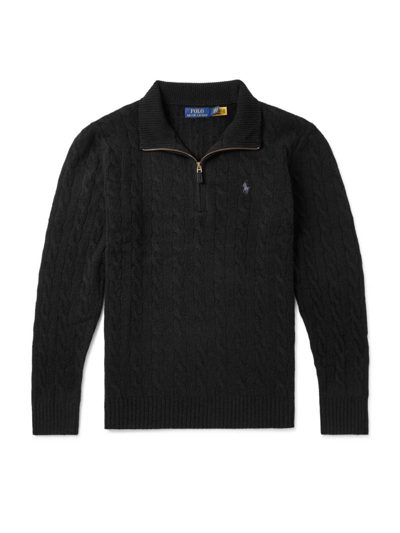 Polo Ralph Lauren - Logo-Embroidered Cable-Knit Wool and Cashmere-Blend Half-Zip Sweater - Men - Black - L von Polo Ralph Lauren
