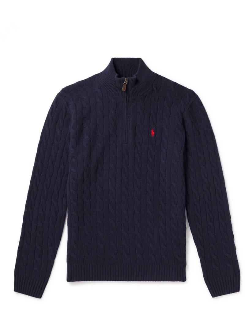 Polo Ralph Lauren - Logo-Embroidered Cable-Knit Wool and Cashmere-Blend Half-Zip Sweater - Men - Blue - XXL von Polo Ralph Lauren