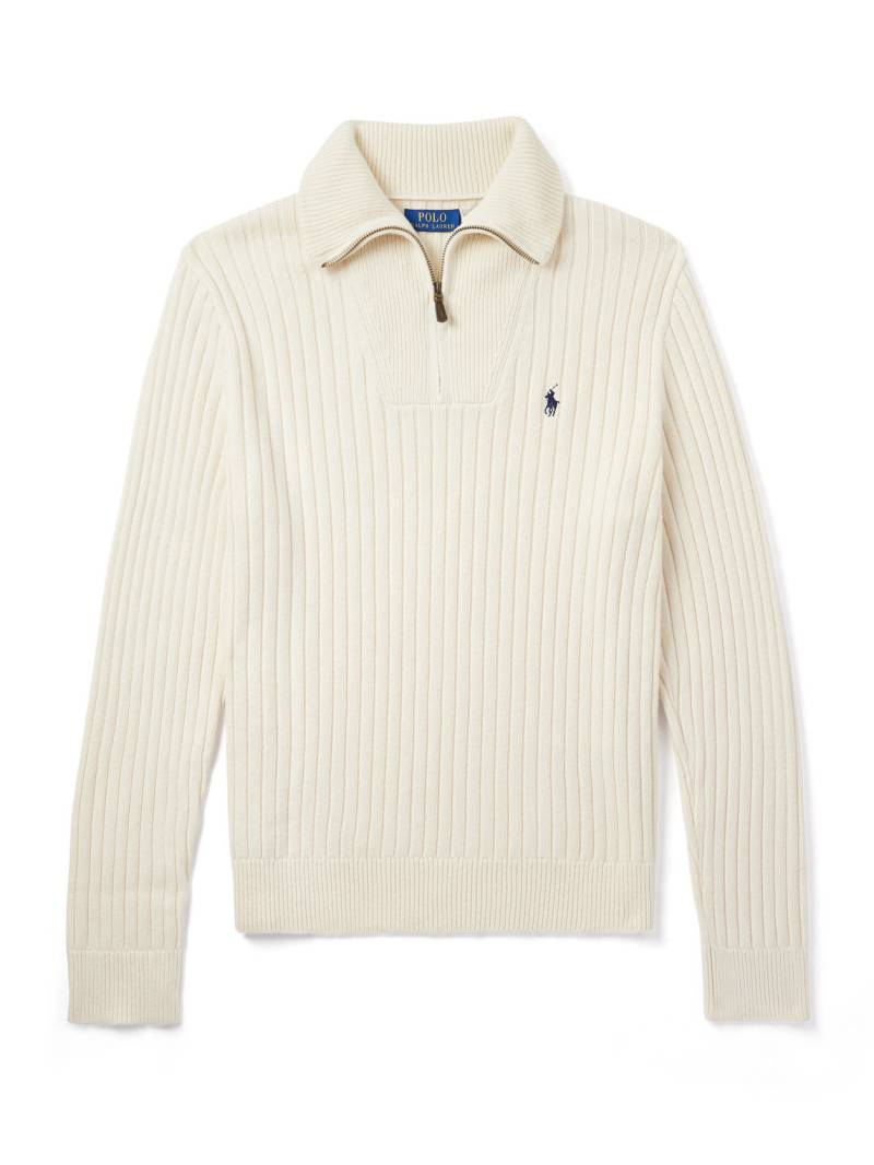 Polo Ralph Lauren - Logo-Embroidered Wool and Cotton-Blend Half-Zip Sweater - Men - Neutrals - L von Polo Ralph Lauren