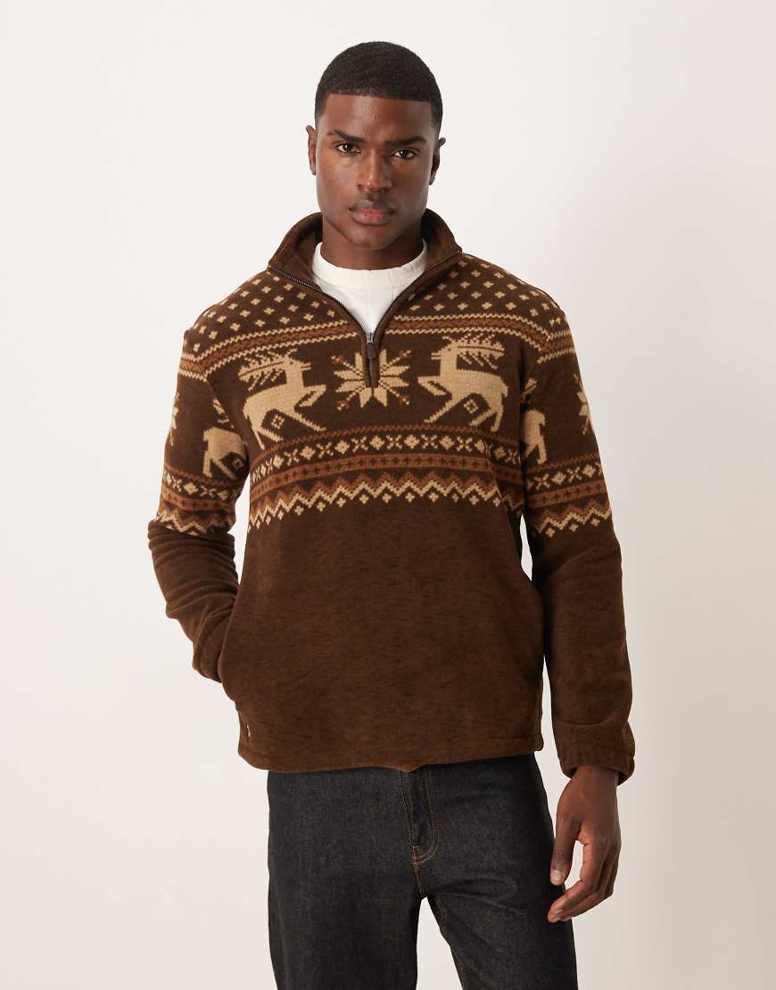 Polo Ralph Lauren - Polarfleece-Sweatshirt in Braun mit kurzem Reißverschluss und Norwegermuster-Brown von Polo Ralph Lauren