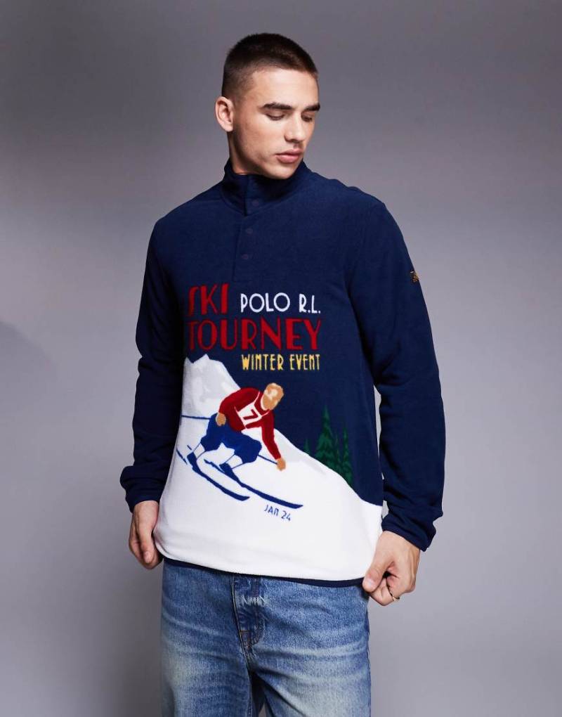 Polo Ralph Lauren - Polarfleece-Sweatshirt in Marineblau mit Skifahrer-Motiv und kurzem Reißverschluss von Polo Ralph Lauren