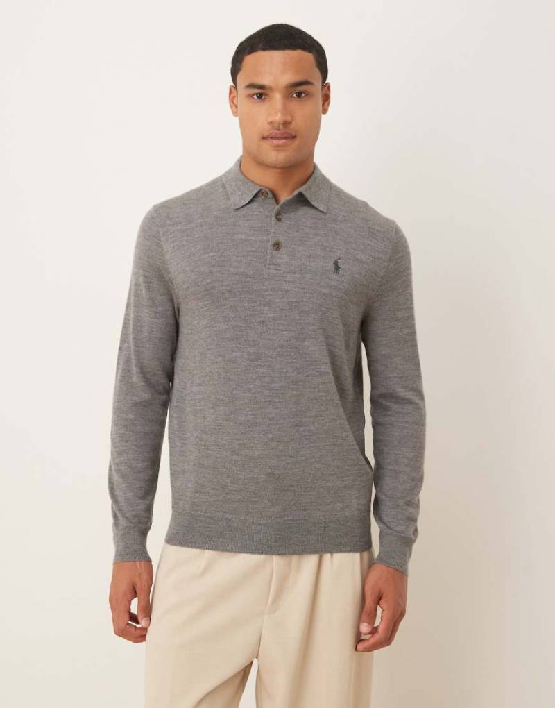 Polo Ralph Lauren - Polo-Strickpullover aus Merinowolle in meliertem Grau mit Logo-Symbol von Polo Ralph Lauren