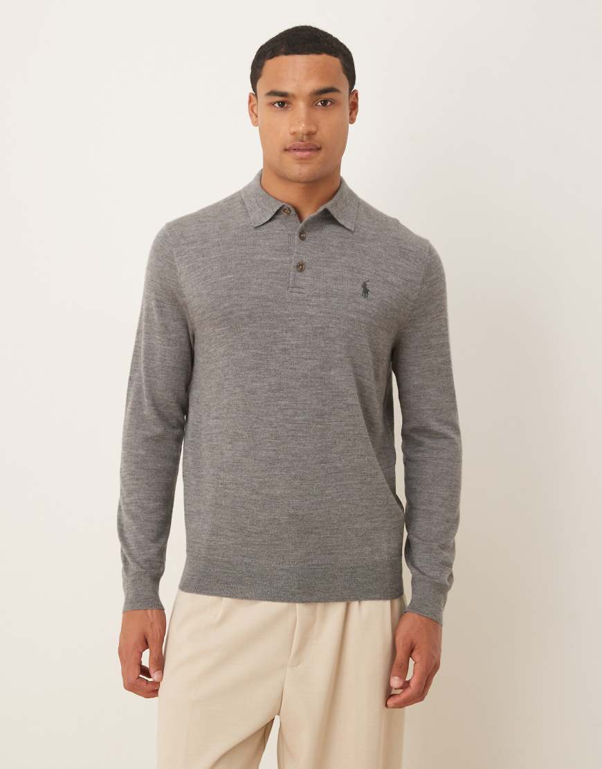 Polo Ralph Lauren - Polo-Strickpullover aus Merinowolle in meliertem Grau mit Logo-Symbol von Polo Ralph Lauren