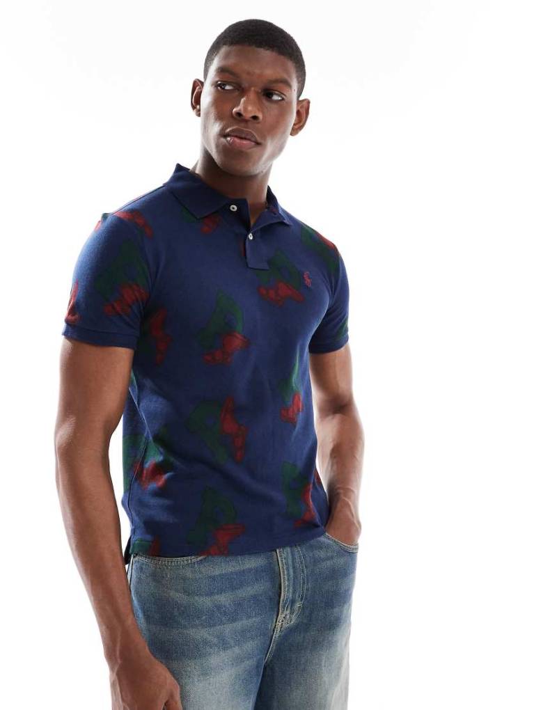 Polo Ralph Lauren - Poloshirt aus Pikee in Marineblau mit P-Wing-Skizzenmuster und Polospieler-Logo von Polo Ralph Lauren