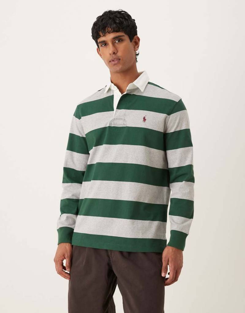 Polo Ralph Lauren - Rugby-Polohemd mit klassischem Oversize-Schnitt, Markenlogo und Blockstreifen in Dunkelgrün/meliertem Grau von Polo Ralph Lauren