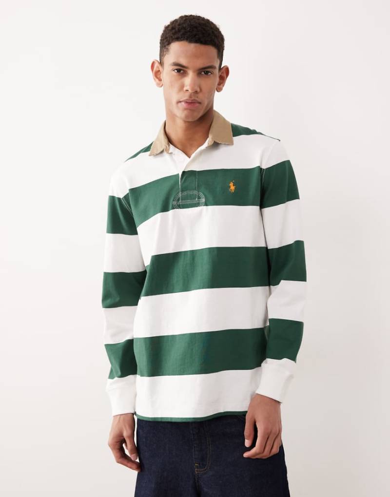 Polo Ralph Lauren - Rugby-Polohemd mit klassischem Oversize-Schnitt, Markenlogo und Blockstreifen in Grün von Polo Ralph Lauren