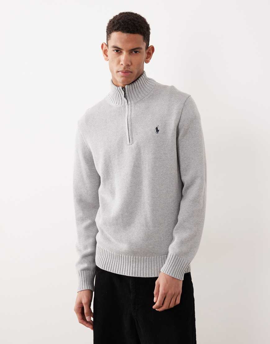 Polo Ralph Lauren - Schwerer Strickpullover aus Baumwolle in Grau mit kurzem Reißverschluss und Markenlogo von Polo Ralph Lauren