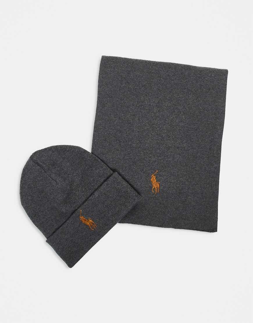 Polo Ralph Lauren - Set aus Beanie und Schal aus Baumwollstrick in Dunkelgrau meliert mit Markenlogo von Polo Ralph Lauren