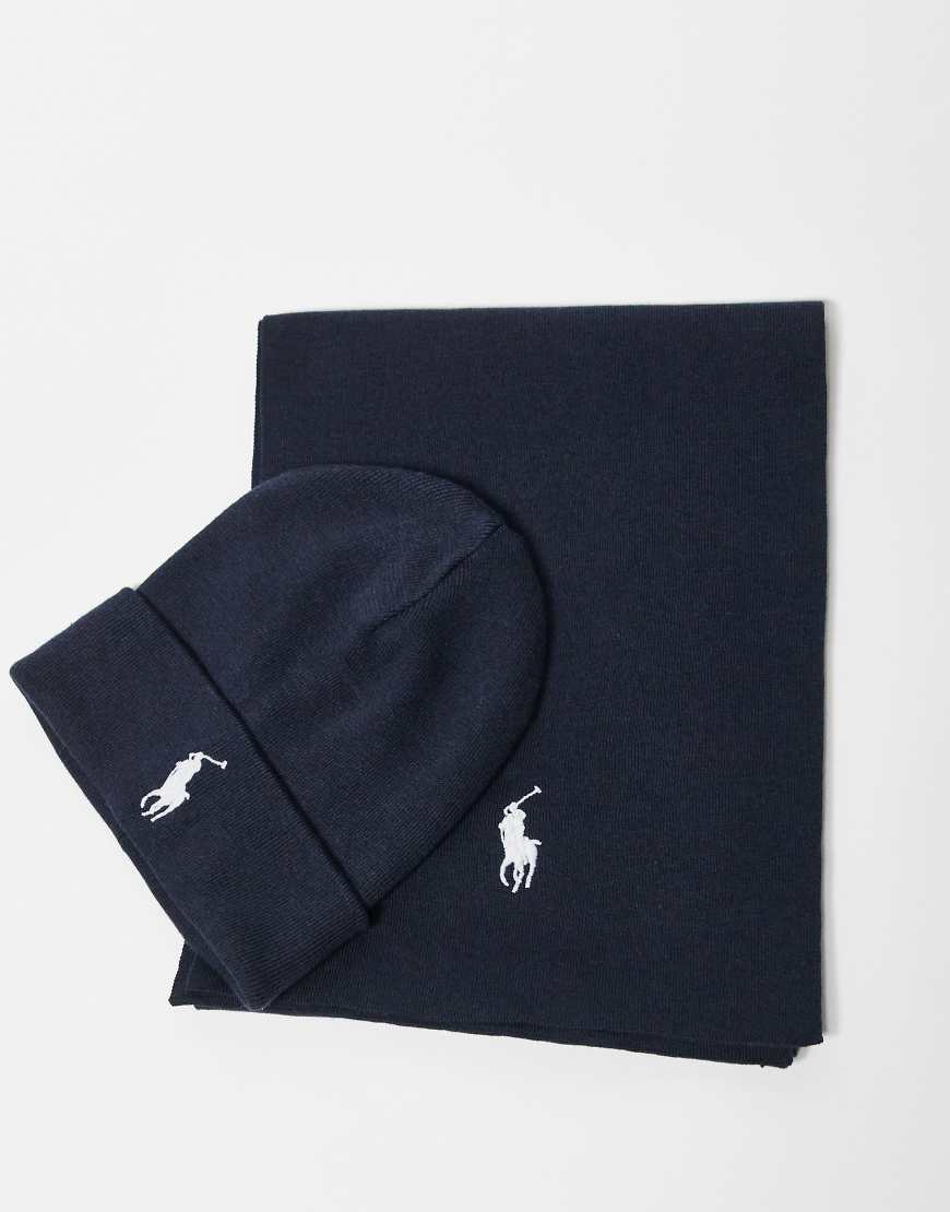Polo Ralph Lauren - Set aus Beanie und Schal aus Baumwollstrick in Marineblau meliert mit Markenlogo von Polo Ralph Lauren