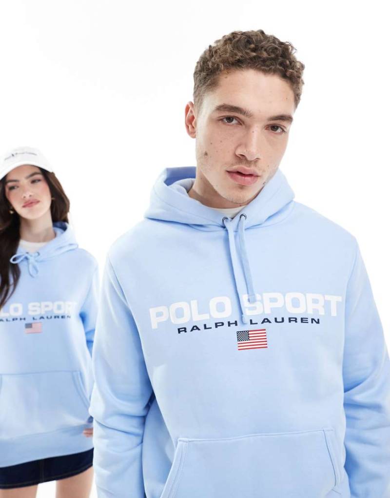 Polo Ralph Lauren - Sport Capsule - Unisex-Kapuzenpullover in Hellblau mit großem Flaggen-Logo auf der Brust von Polo Ralph Lauren