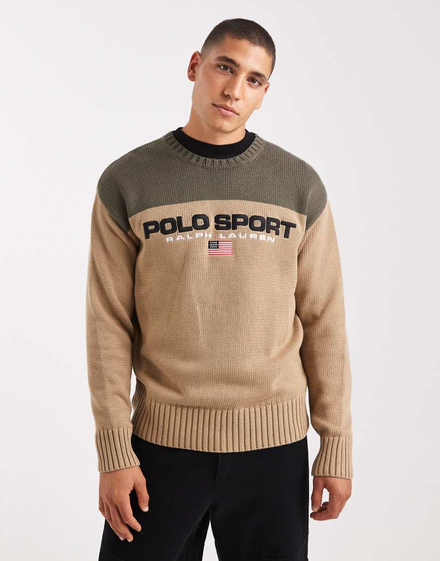 Polo Ralph Lauren - Sport - Pullover aus schwerem Baumwollstrick in Beige/Grün mit Farbblockdesign und Flaggenlogo-Neutral von Polo Ralph Lauren