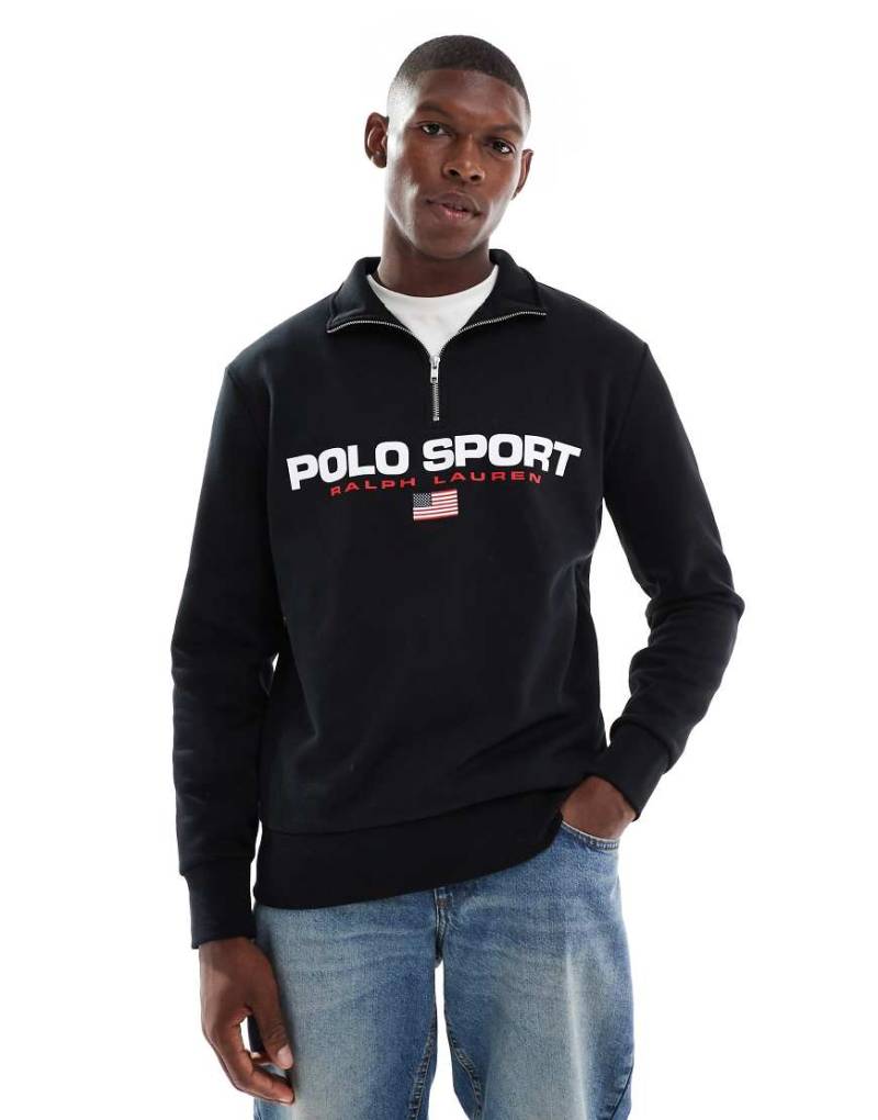 Polo Ralph Lauren - Sport - Sweatshirt mit halbem Reißverschluss in Schwarz mit Flaggenlogo von Polo Ralph Lauren