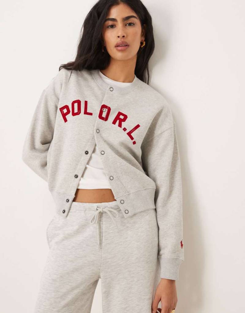 Polo Ralph Lauren - Strickjacke aus Polarfleece in Hellgrau meliert mit Logo vorne von Polo Ralph Lauren