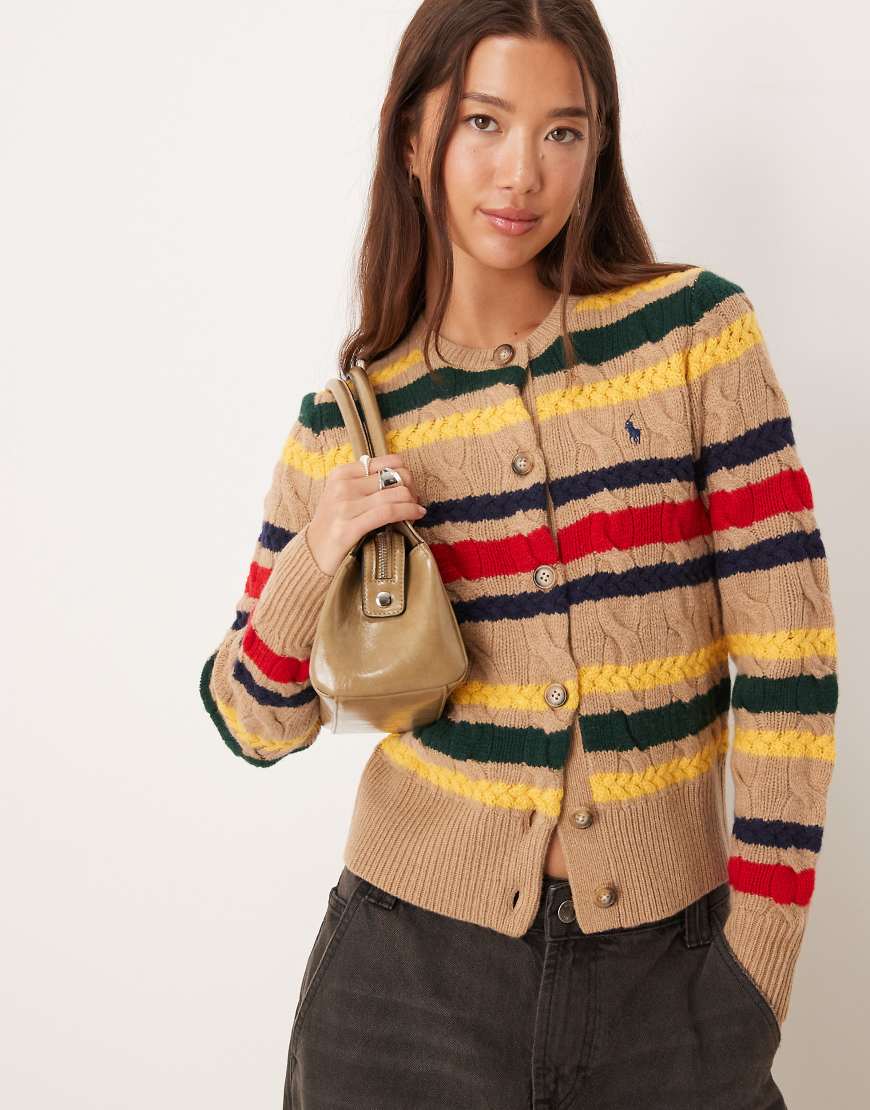 Polo Ralph Lauren - Strickjacke mit hohem Wollanteil in Kamelbraun mit Streifen und Logo-Symbol-Neutral von Polo Ralph Lauren