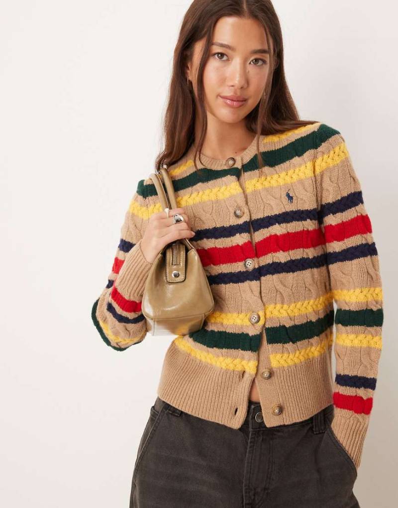 Polo Ralph Lauren - Strickjacke mit hohem Wollanteil in Kamelbraun mit Streifen und Logo-Symbol-Neutral von Polo Ralph Lauren