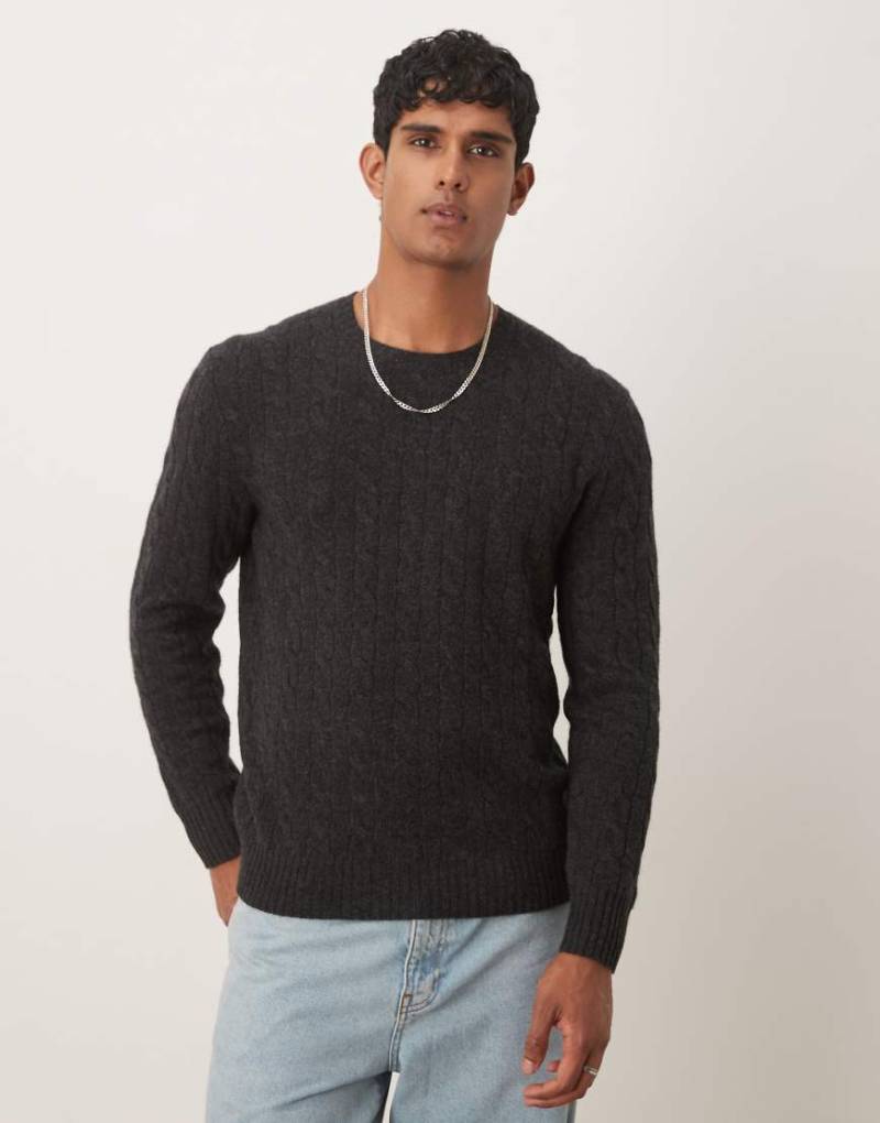 Polo Ralph Lauren - Strickpullover aus Wolle in Anthrazit meliert mit Markenlogo und Zopfmuster-Grau von Polo Ralph Lauren