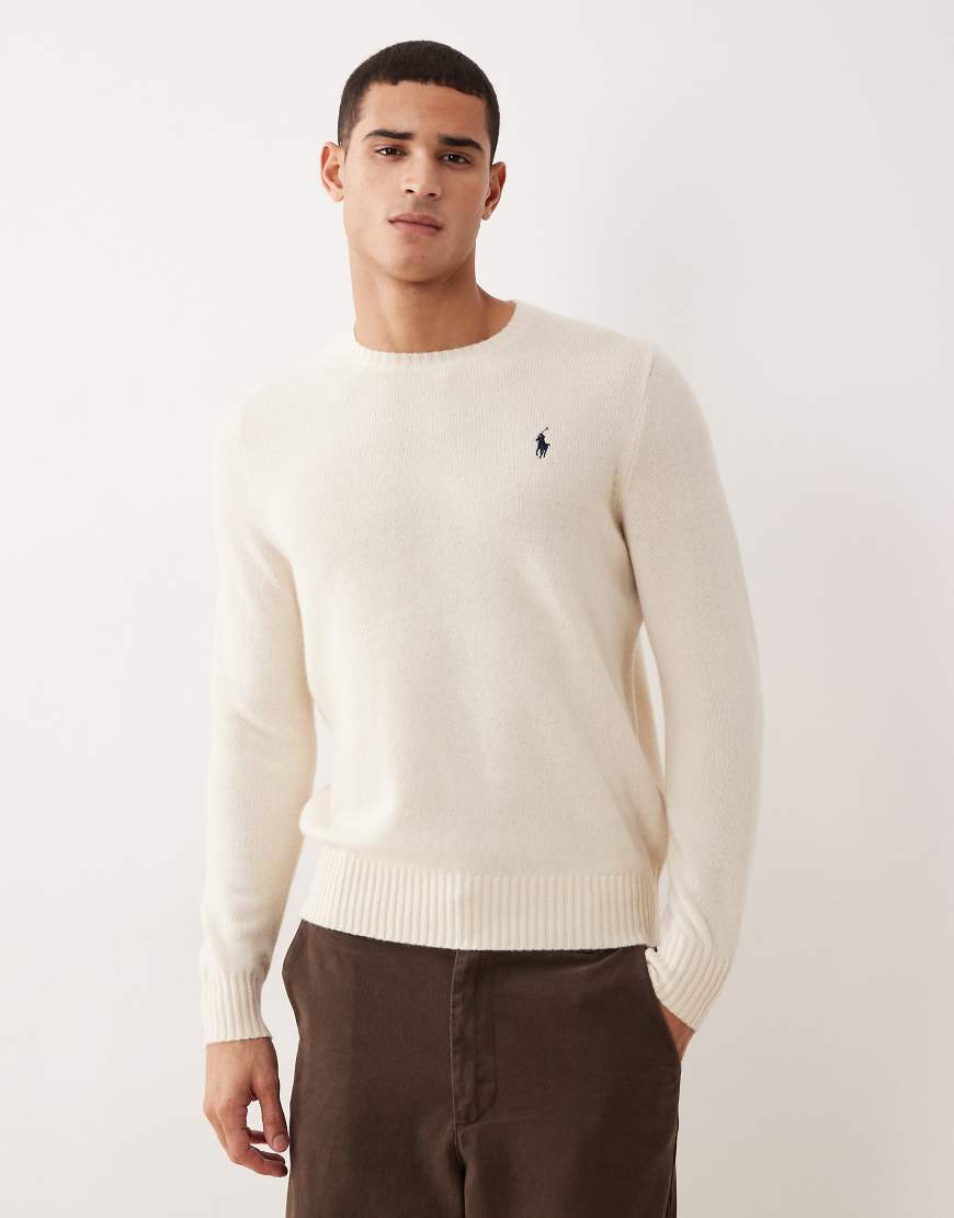 Polo Ralph Lauren - Strickpullover aus Wolle in Creme/Hellbraun mit Markenlogo-Weiß von Polo Ralph Lauren
