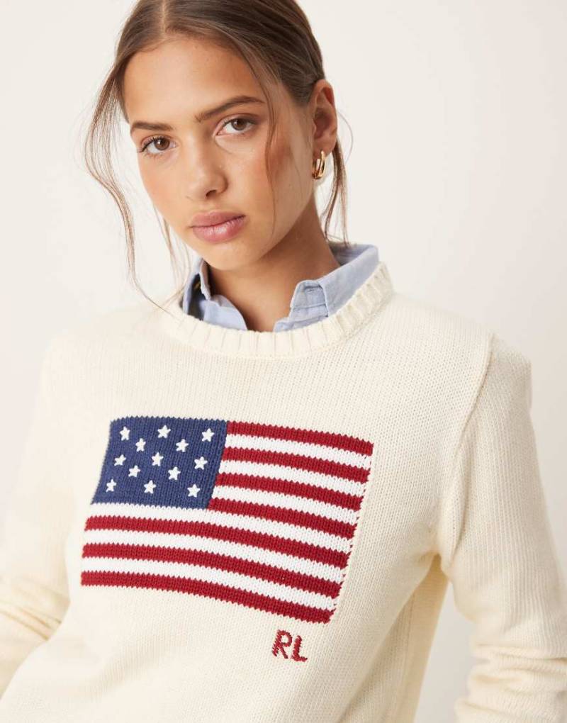 Polo Ralph Lauren - Strickpullover in Creme mit Flaggen-Logo-Weiß von Polo Ralph Lauren