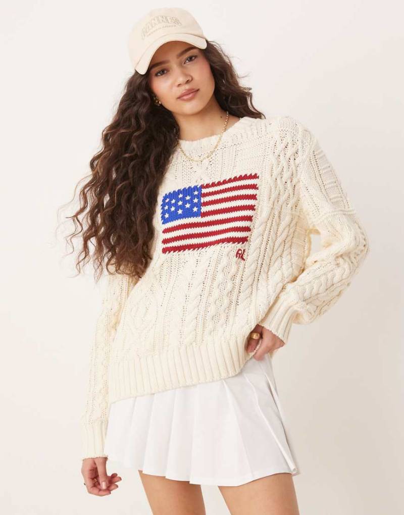 Polo Ralph Lauren - Strickpullover in Grün mit Zopfmuster und Flaggenmotiv-Weiß von Polo Ralph Lauren