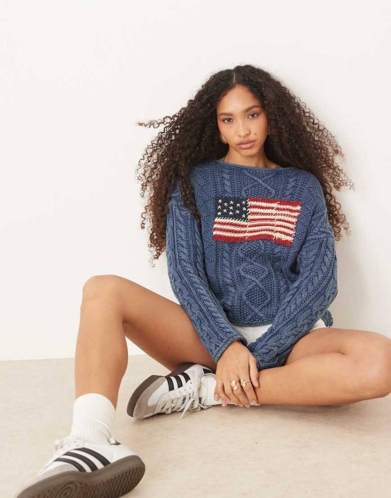 Polo Ralph Lauren - Strickpullover in Hellblau mit Flaggen-Logo und Zopfmuster von Polo Ralph Lauren