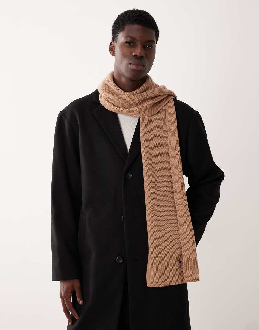 Polo Ralph Lauren - Strickschal aus Merinowollmix in meliertem Kamelbraun mit Markenlogo-Neutral von Polo Ralph Lauren