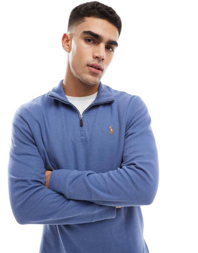 Polo Ralph Lauren - Sweatshirt aus Jacquard-Strick in Mittelblau mit Markenlogo und kurzem Reißverschluss von Polo Ralph Lauren