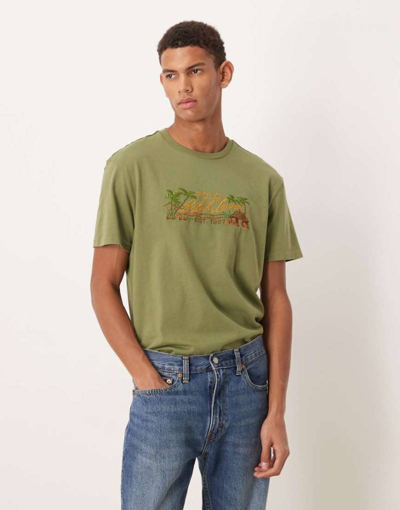 Polo Ralph Lauren - T-Shirt aus Baumwolle in Olivgrün mit aufgesticktem Landschafts-Logo und klassischer Oversize-Passform von Polo Ralph Lauren