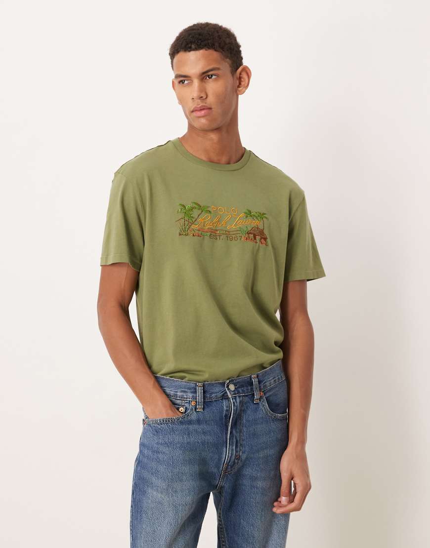 Polo Ralph Lauren - T-Shirt aus Baumwolle in Olivgrün mit aufgesticktem Landschafts-Logo und klassischer Oversize-Passform von Polo Ralph Lauren