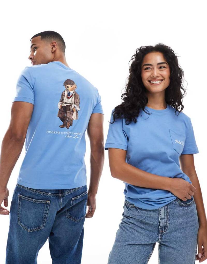 Polo Ralph Lauren - T-Shirt in Mittelblau mit traditionellem Bär-mit-Mütze-Print hinten von Polo Ralph Lauren