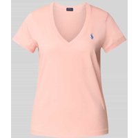 Polo Ralph Lauren T-Shirt mit geripptem V-Ausschnitt in Koralle, Größe XS von Polo Ralph Lauren