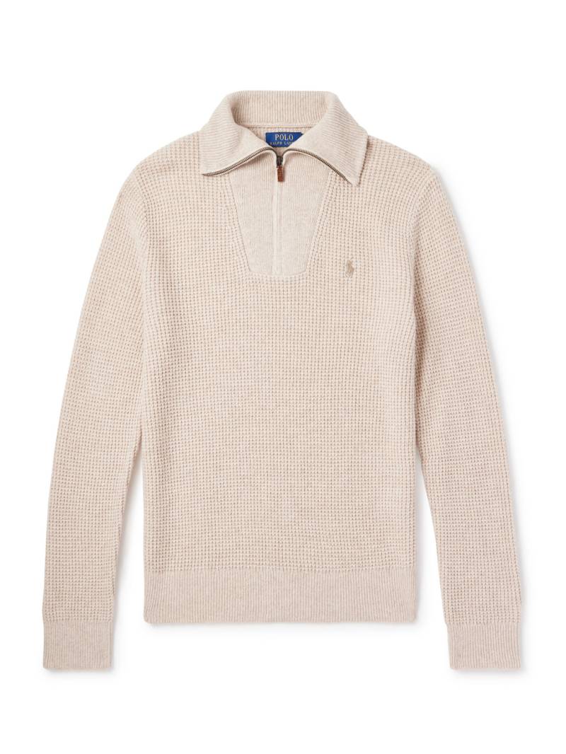 Polo Ralph Lauren - Waffle-Knit Wool and Cotton-Blend Half-Zip Sweater - Men - Neutrals - XS von Polo Ralph Lauren