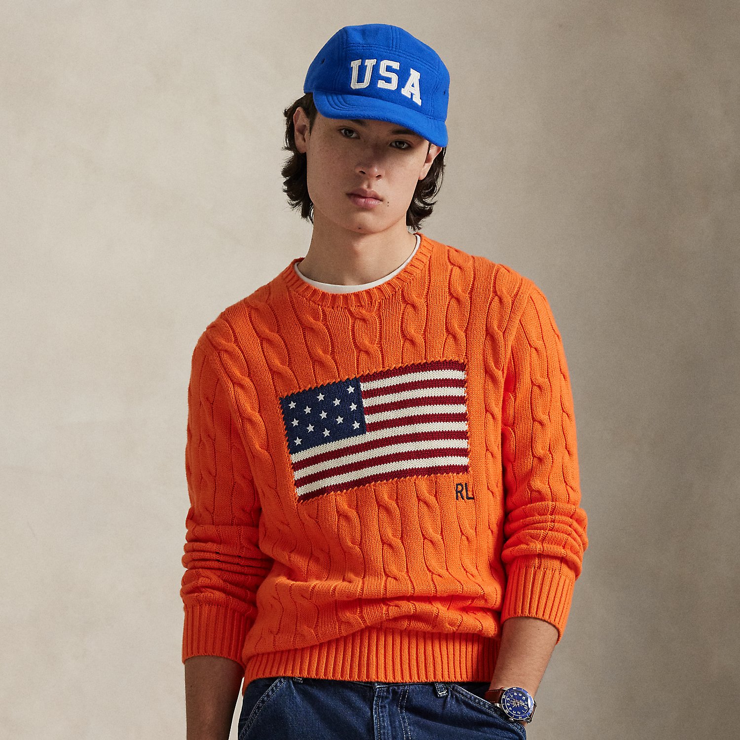 Pullover mit Zopfmuster und US-Flagge von Polo Ralph Lauren
