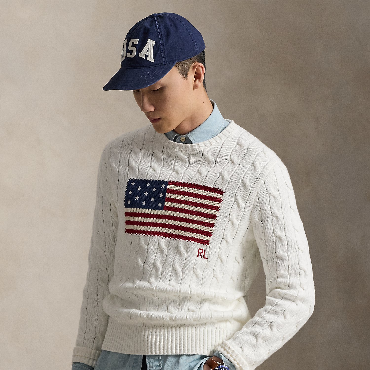 Pullover mit Zopfmuster und US-Flagge von Polo Ralph Lauren