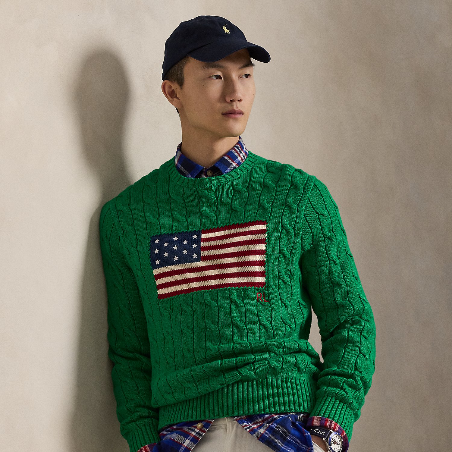 Pullover mit Zopfmuster und US-Flagge von Polo Ralph Lauren