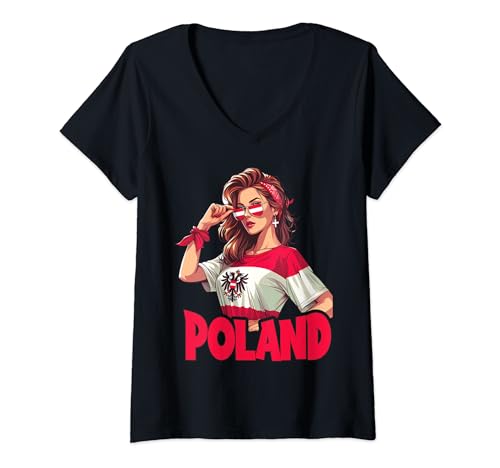 Damen Polen Flagge Frau Sonnenbrille Mädchen Polska T-Shirt mit V-Ausschnitt Damen Polen Flagge Frau Sonnenbrille Mädchen Polska T-Shirt mit V-Ausschnitt von Polska Nationalstolz Länder & Polnisch Geschenk