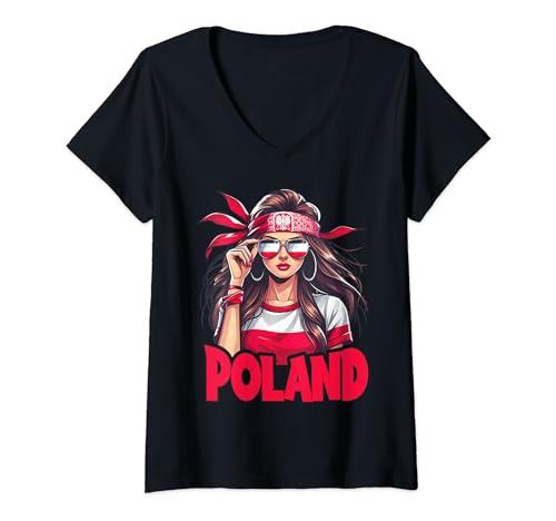 Damen Polen Flagge Frau Sonnenbrille Mädchen Polska T-Shirt mit V-Ausschnitt Damen Polen Flagge Frau Sonnenbrille Mädchen Polska T-Shirt mit V-Ausschnitt von Polska Nationalstolz Länder & Polnisch Geschenk